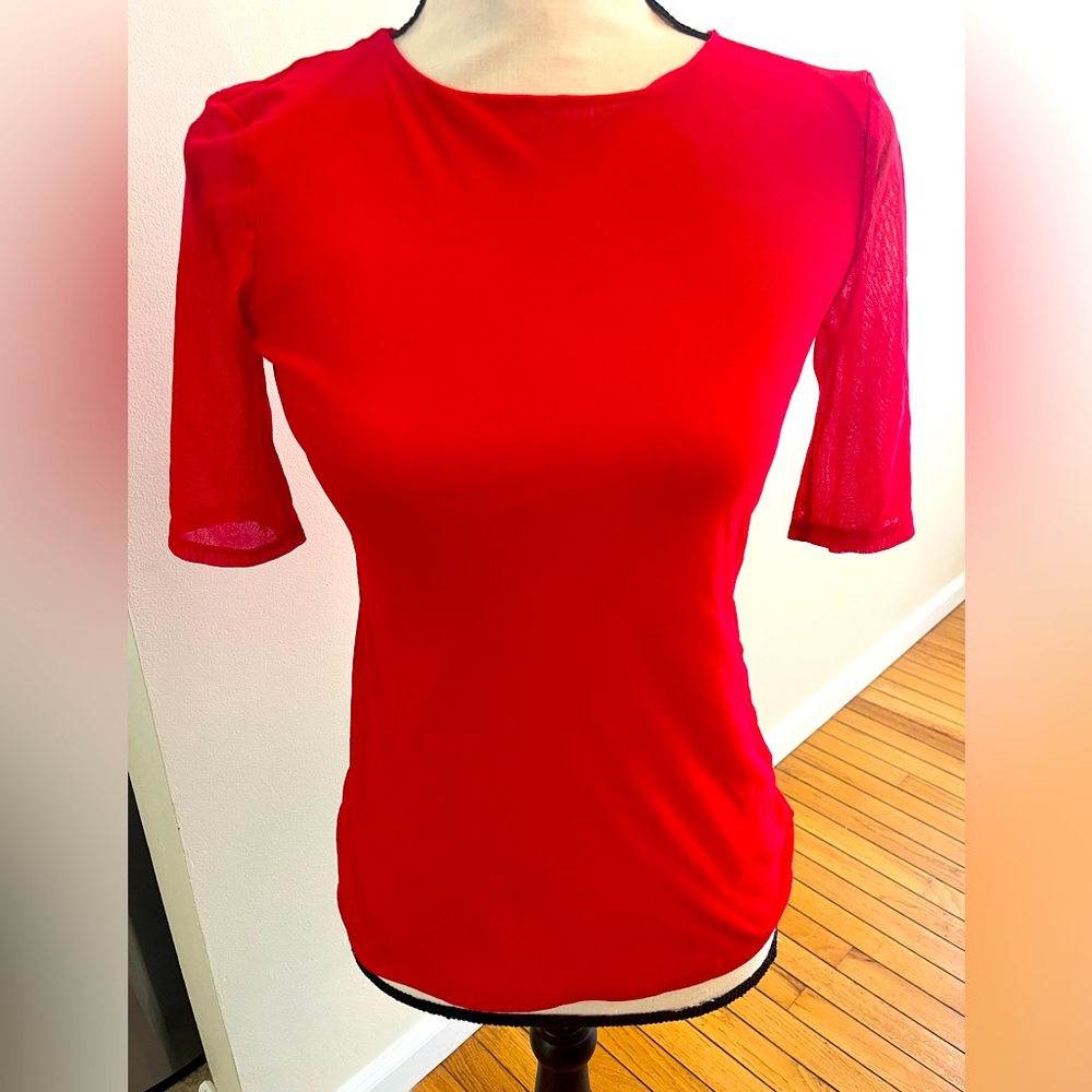 New York & Company “Sweet Pea” Elegant Red Women's Top with Sheer Sleeves
